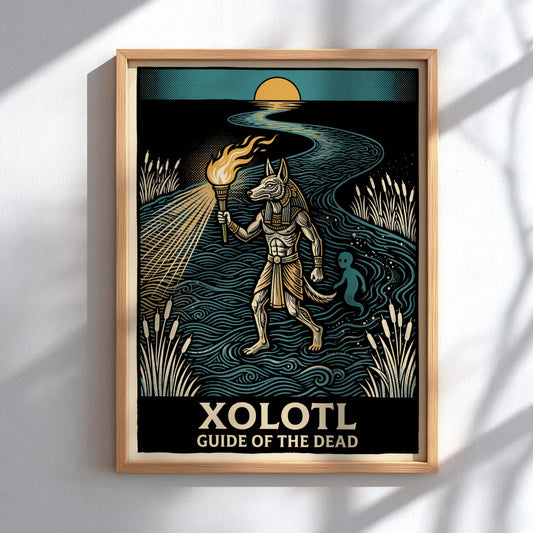 Poster featuring the canine deity Xolotl holding a torch while guiding a spirit.