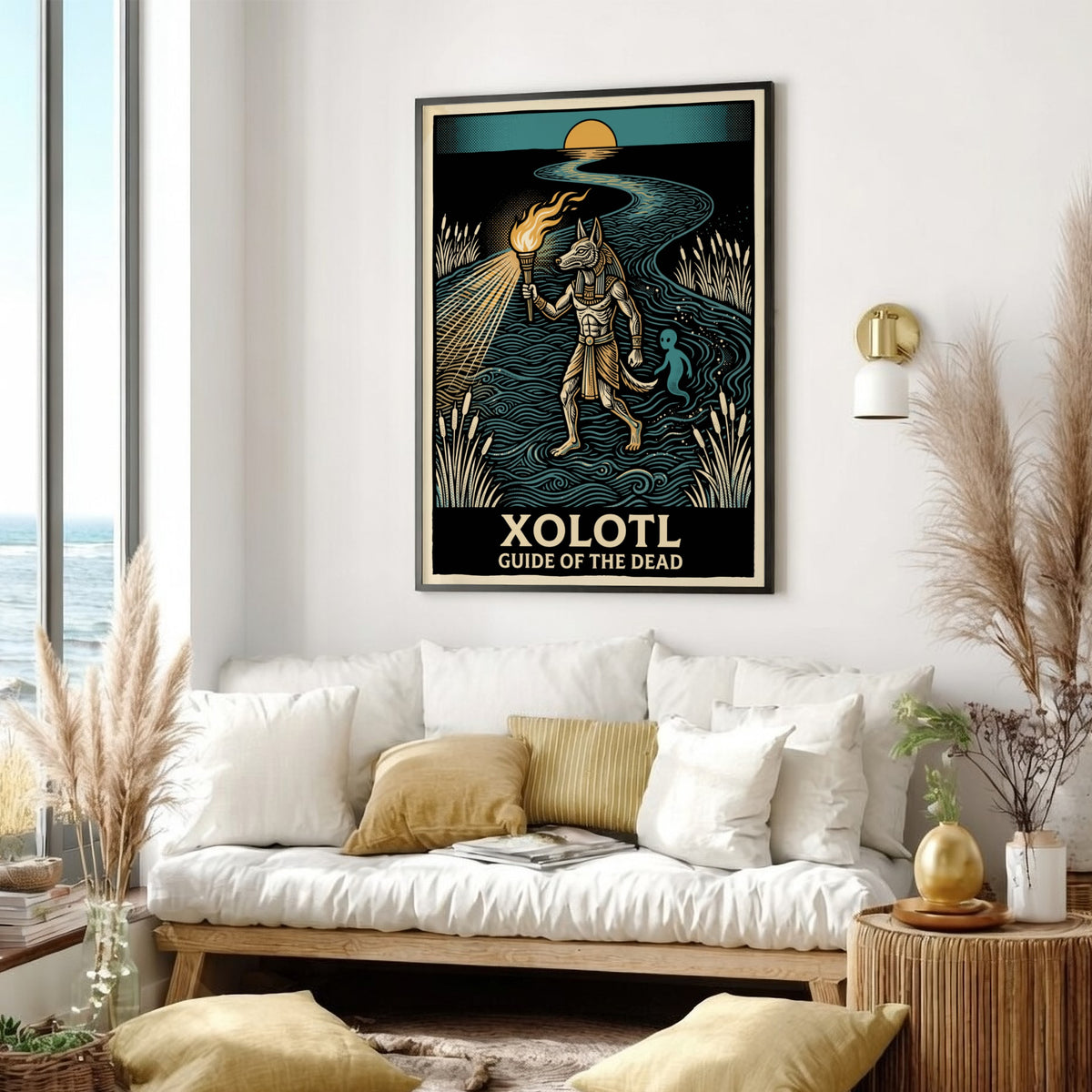 Poster featuring the canine deity Xolotl holding a torch while guiding a spirit.