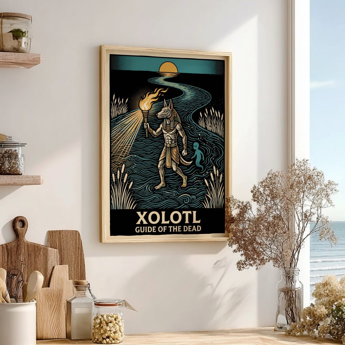 Poster featuring the canine deity Xolotl holding a torch while guiding a spirit.