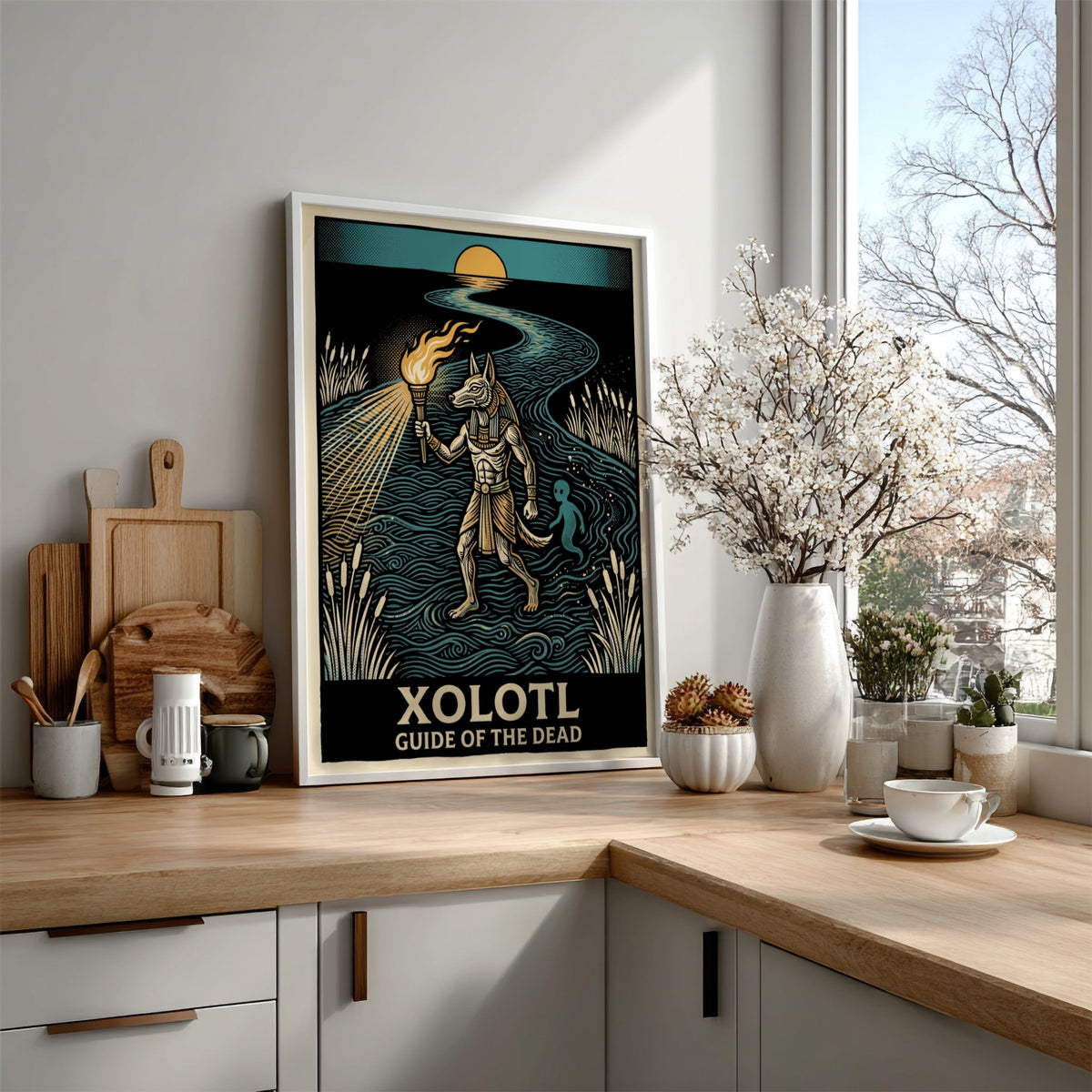 Poster featuring the canine deity Xolotl holding a torch while guiding a spirit.