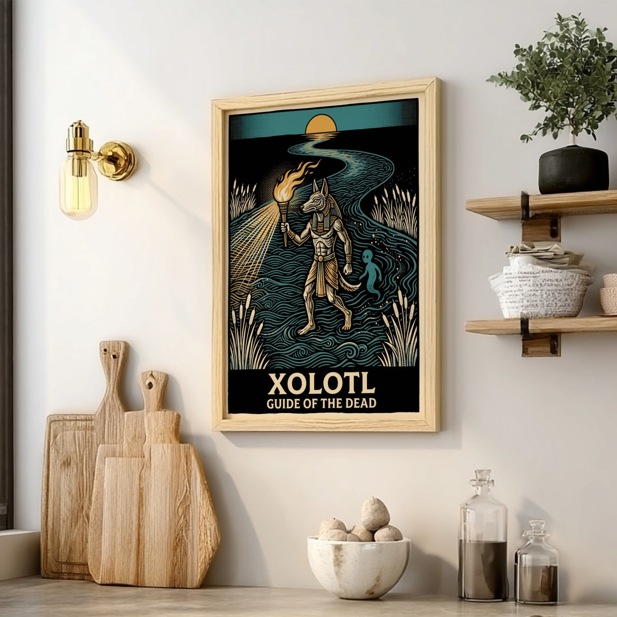Poster featuring the canine deity Xolotl holding a torch while guiding a spirit.
