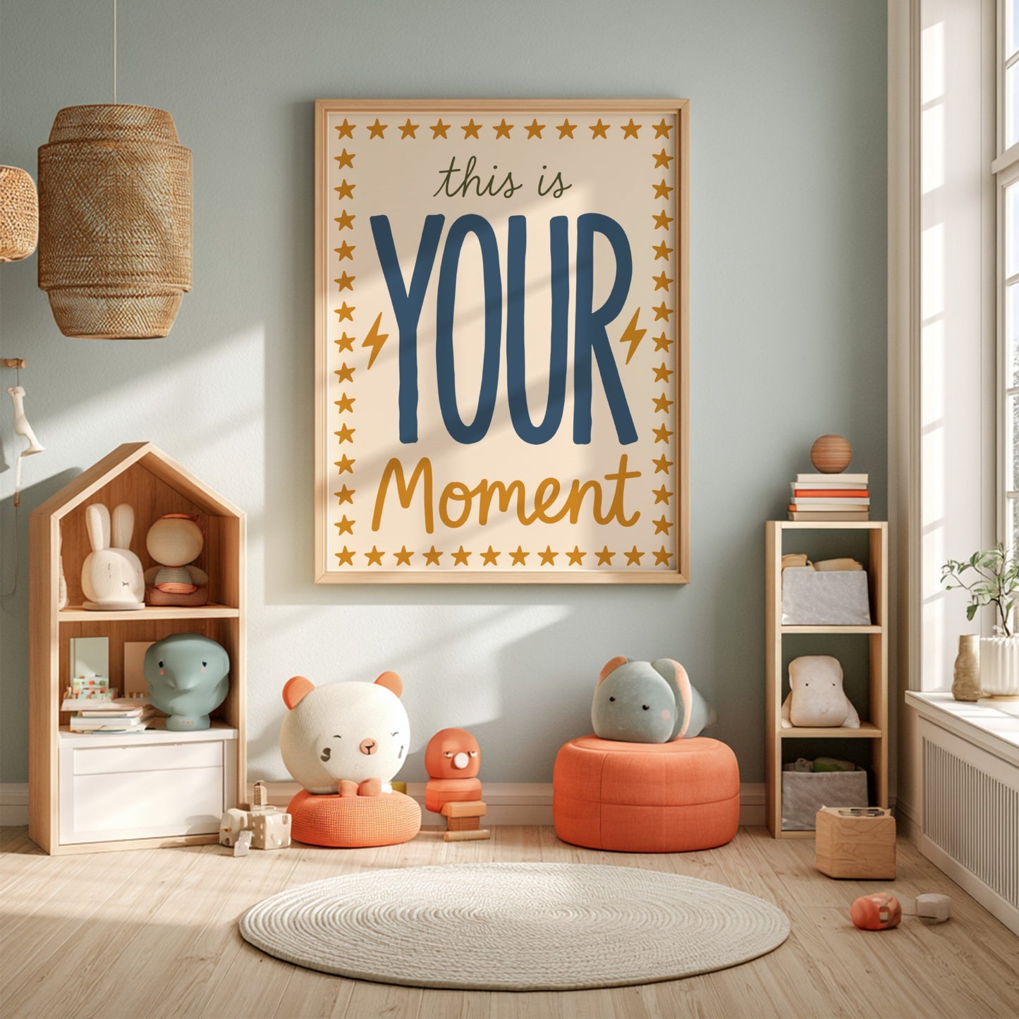 Kids room poster featuring playful typography in warm colors with stars and lightning bolts, perfect for