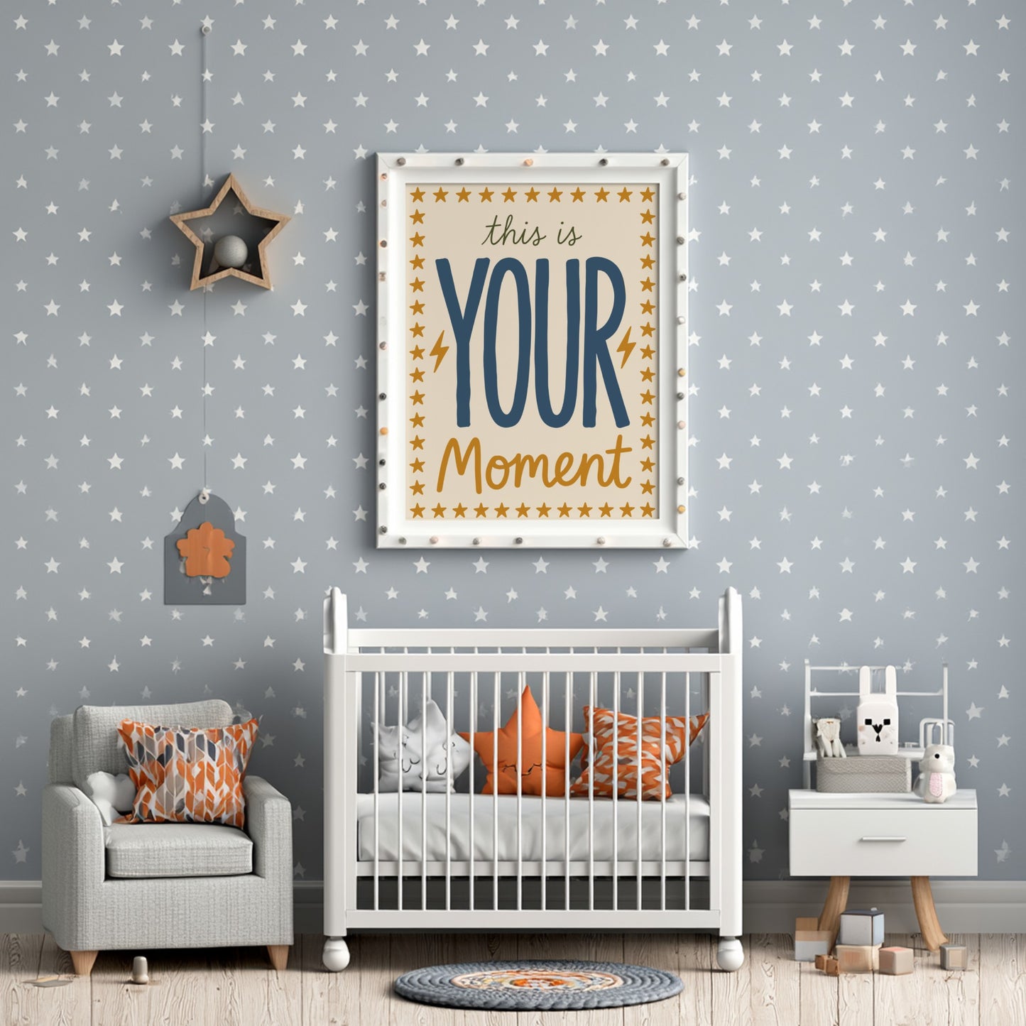 Kids room poster featuring playful typography in warm colors with stars and lightning bolts, perfect for