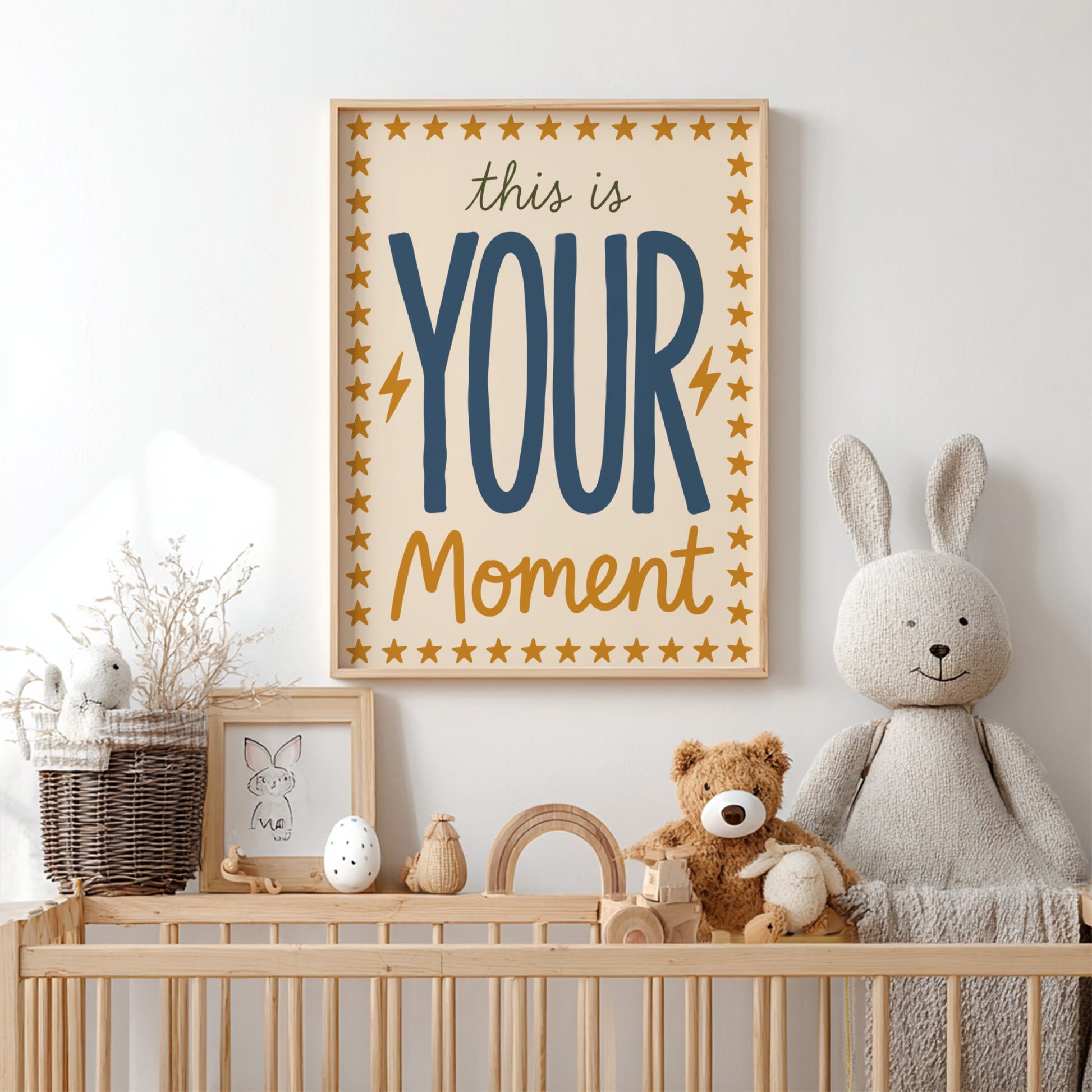 Kids room poster featuring playful typography in warm colors with stars and lightning bolts, perfect for