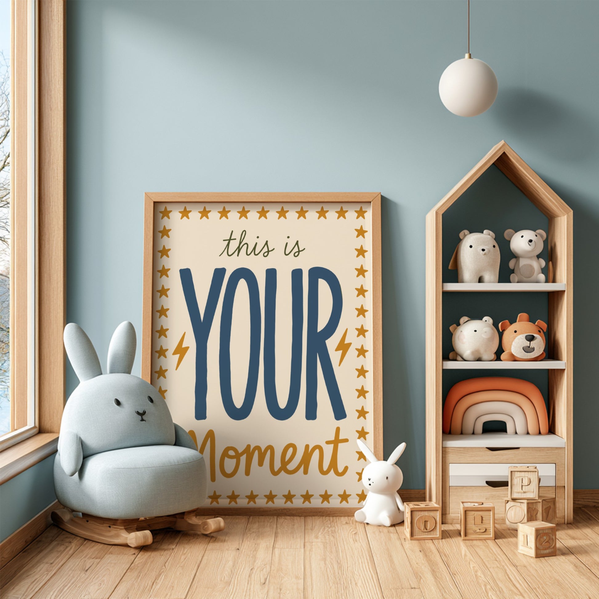 Kids room poster featuring playful typography in warm colors with stars and lightning bolts, perfect for
