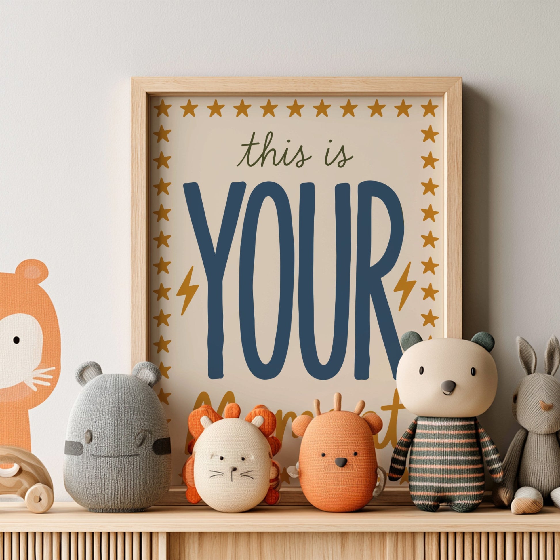 Kids room poster featuring playful typography in warm colors with stars and lightning bolts, perfect for