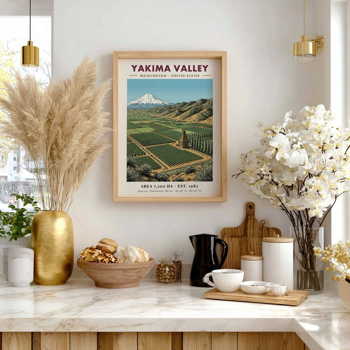 Poster of Yakima Valley Washington featuring green vineyard rows and a snowy mountain peak.