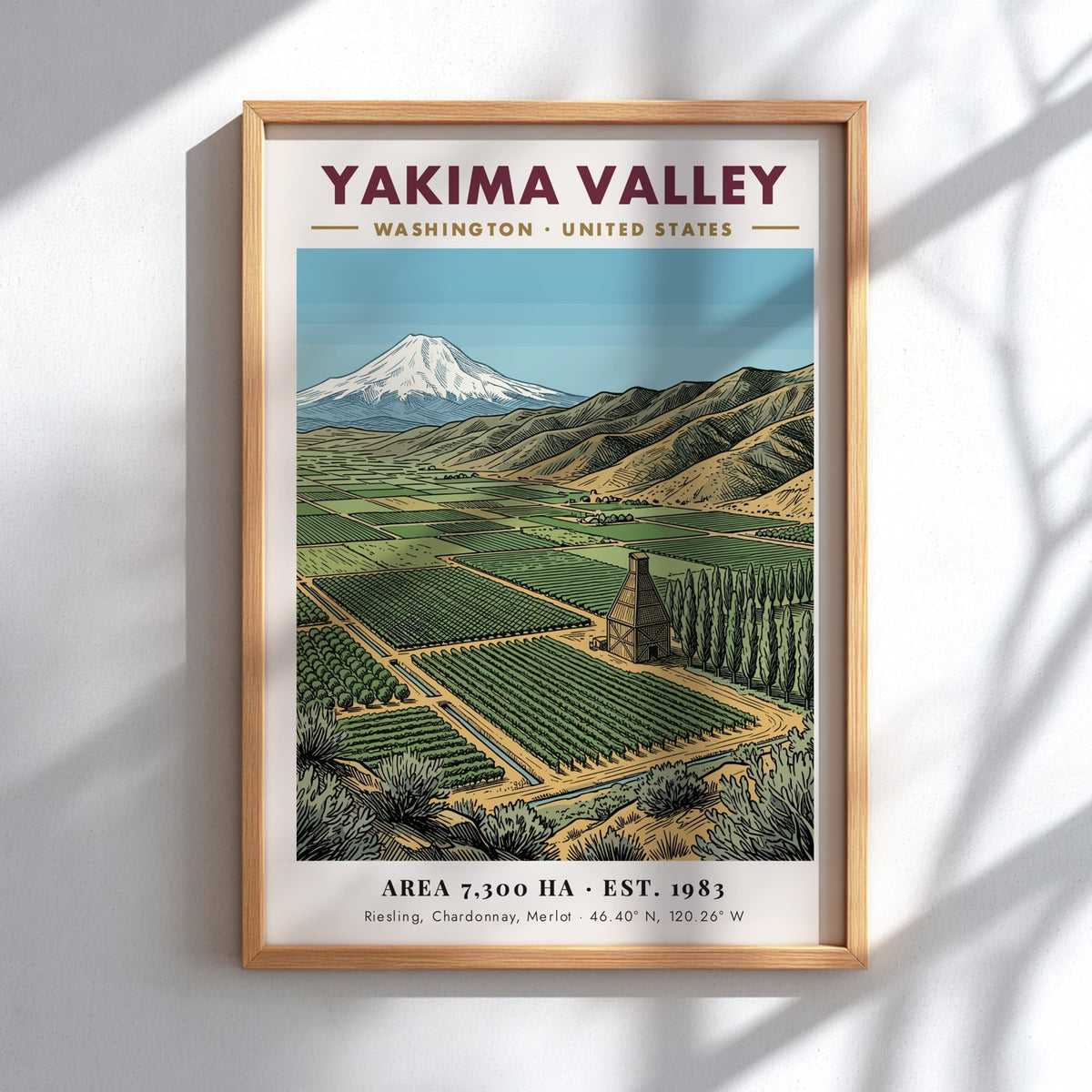Poster of Yakima Valley Washington featuring green vineyard rows and a snowy mountain peak.