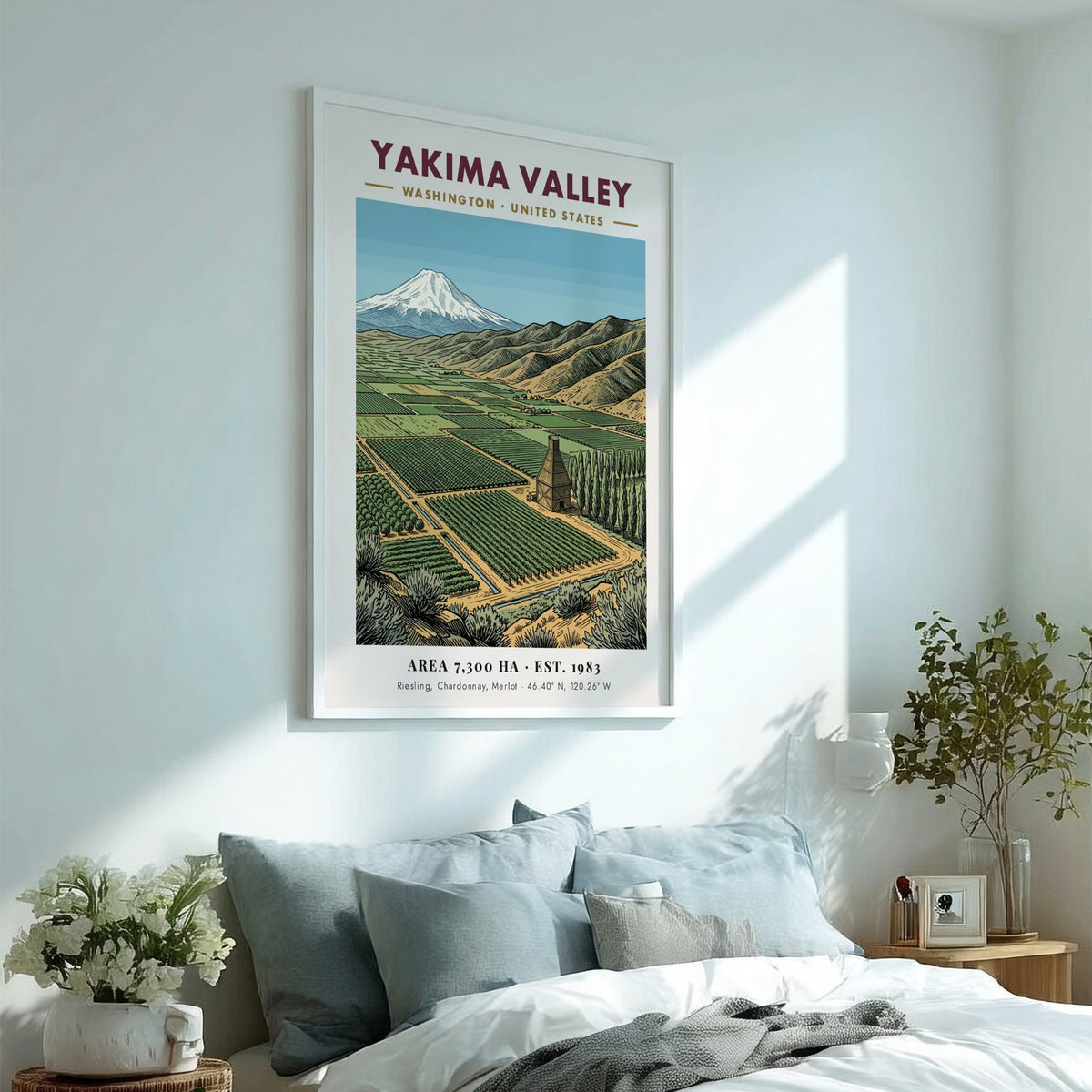 Poster of Yakima Valley Washington featuring green vineyard rows and a snowy mountain peak.
