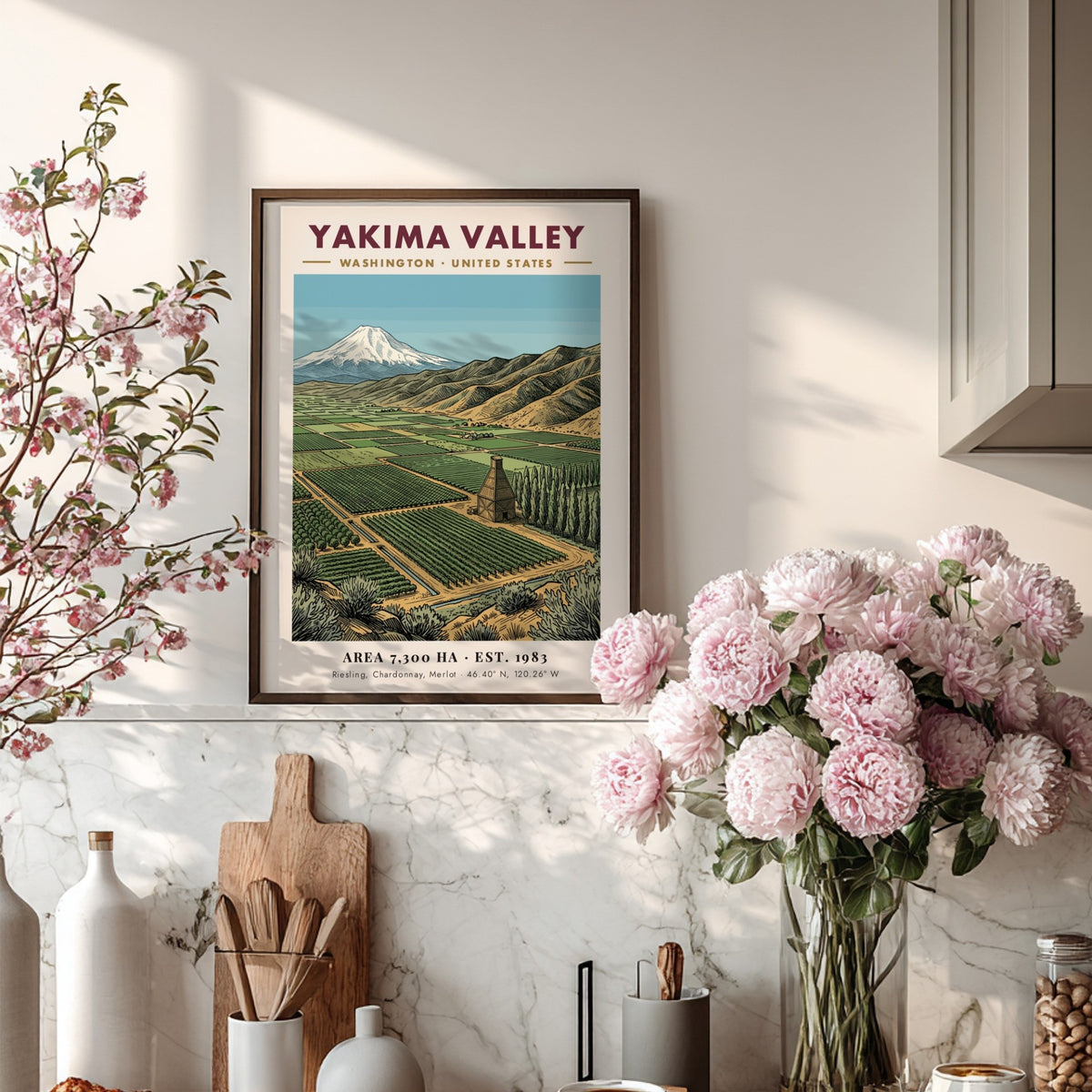 Poster of Yakima Valley Washington featuring green vineyard rows and a snowy mountain peak.