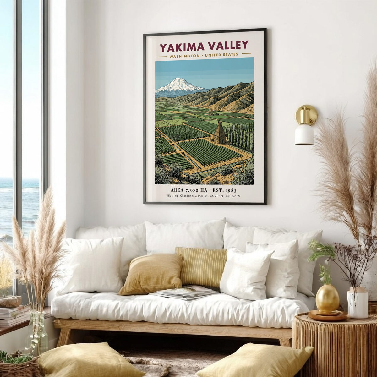 Poster of Yakima Valley Washington featuring green vineyard rows and a snowy mountain peak.