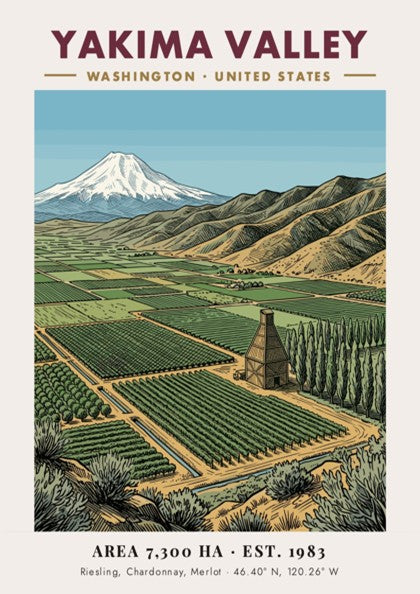 Poster of Yakima Valley Washington featuring green vineyard rows and a snowy mountain peak.