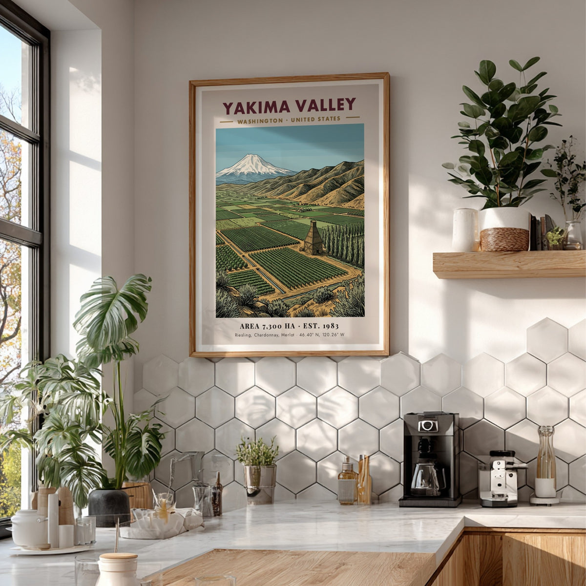 Poster of Yakima Valley Washington featuring green vineyard rows and a snowy mountain peak.