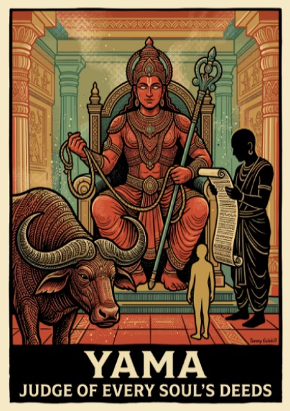 Poster featuring Lord Yama the judge of souls with a water buffalo, scribe, and deity in terracotta and teal