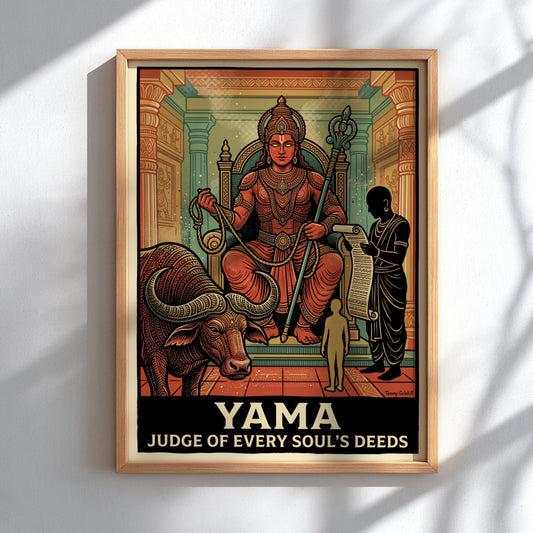 Poster featuring Lord Yama the judge of souls with a water buffalo, scribe, and deity in terracotta and teal