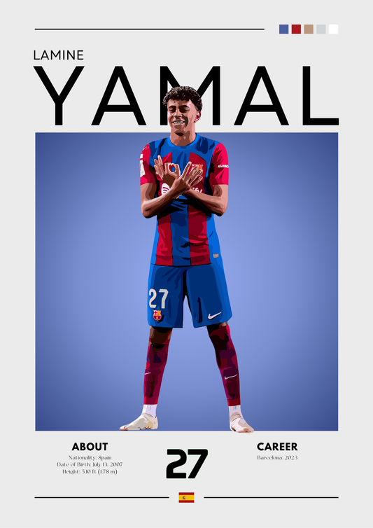 Person wearing a sports uniform with 'Lamine Yamal' displayed above