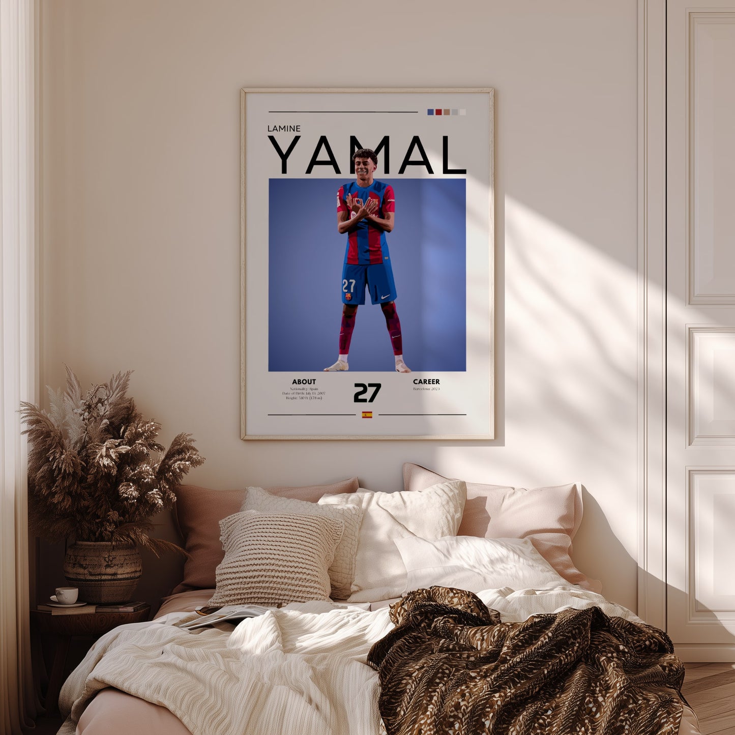 Framed sports poster of a player on a wall above a bed in a bedroom.
