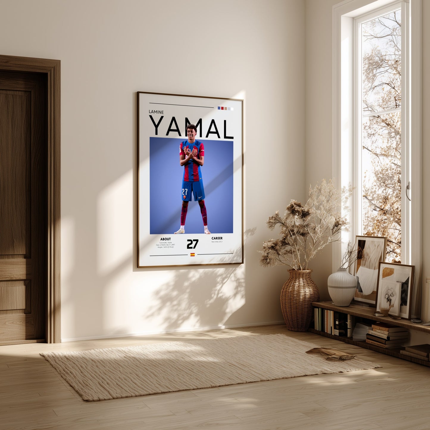 Framed sports poster of a player on a wall in a bright room with natural light.