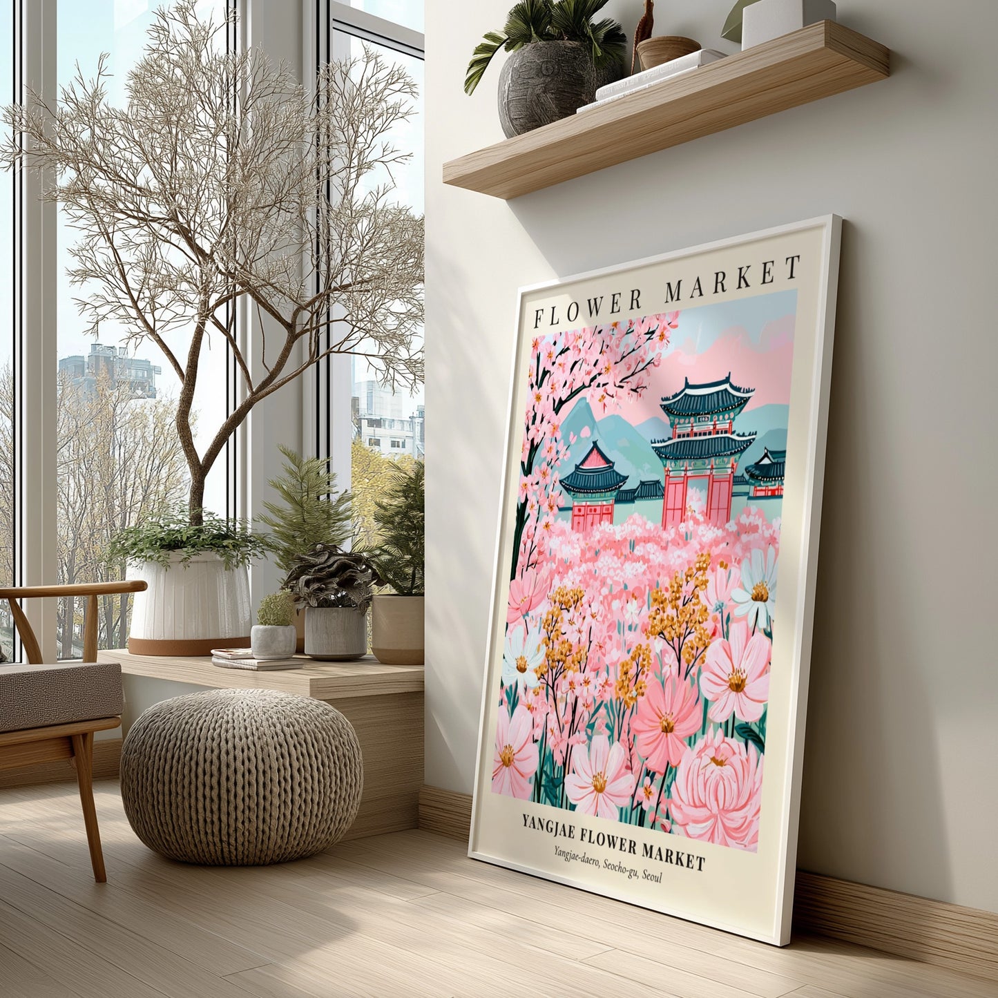 Yangjae Flower Market art print featuring pink blossoms and traditional architecture in a vibrant spring