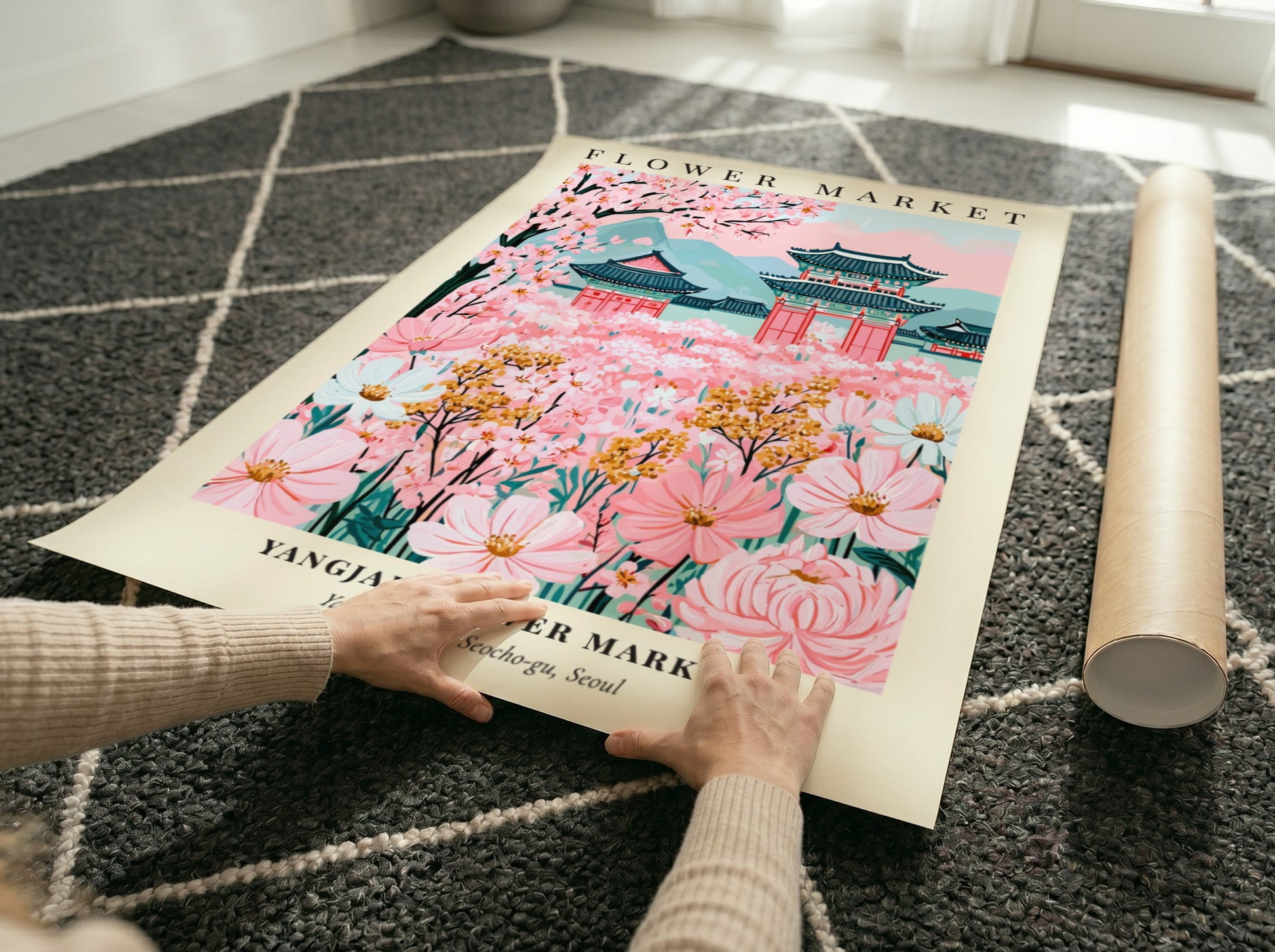 Yangjae Flower Market art print featuring pink blossoms and traditional architecture in a vibrant spring