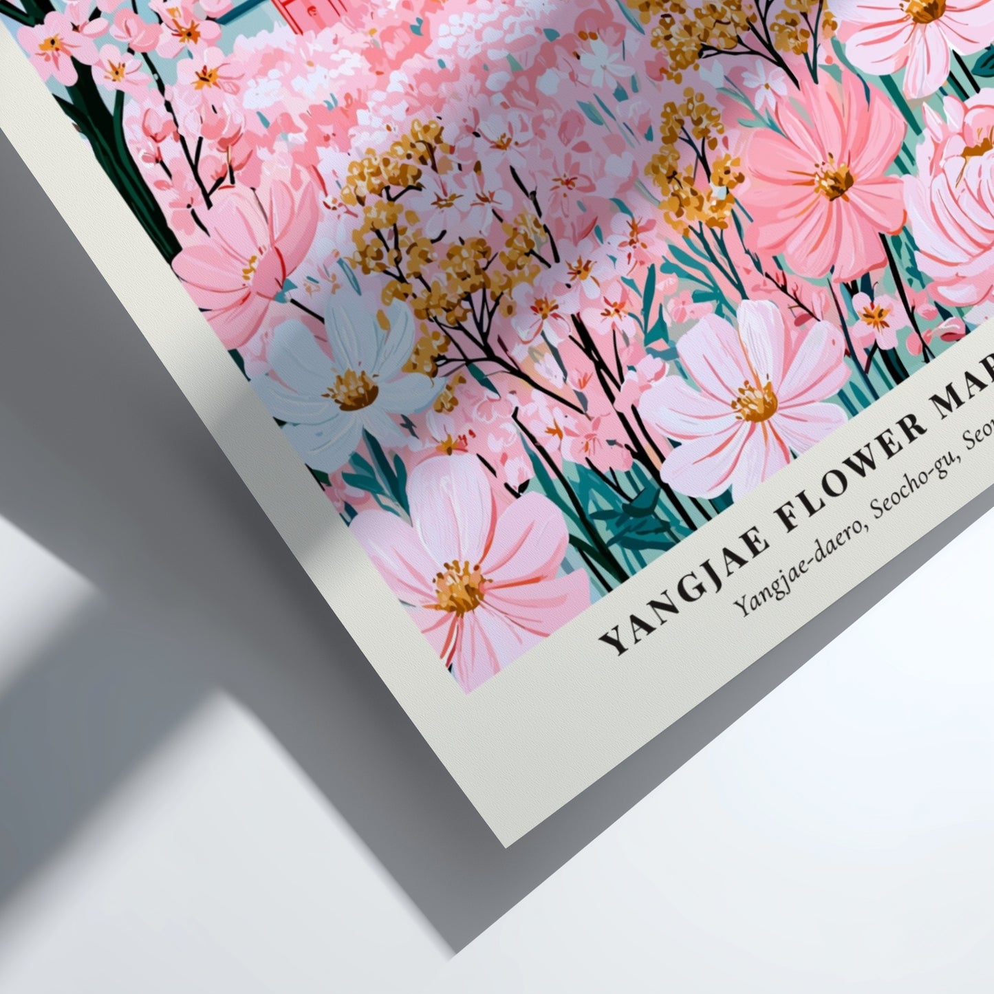 Yangjae Flower Market art print featuring pink blossoms and traditional architecture in a vibrant spring