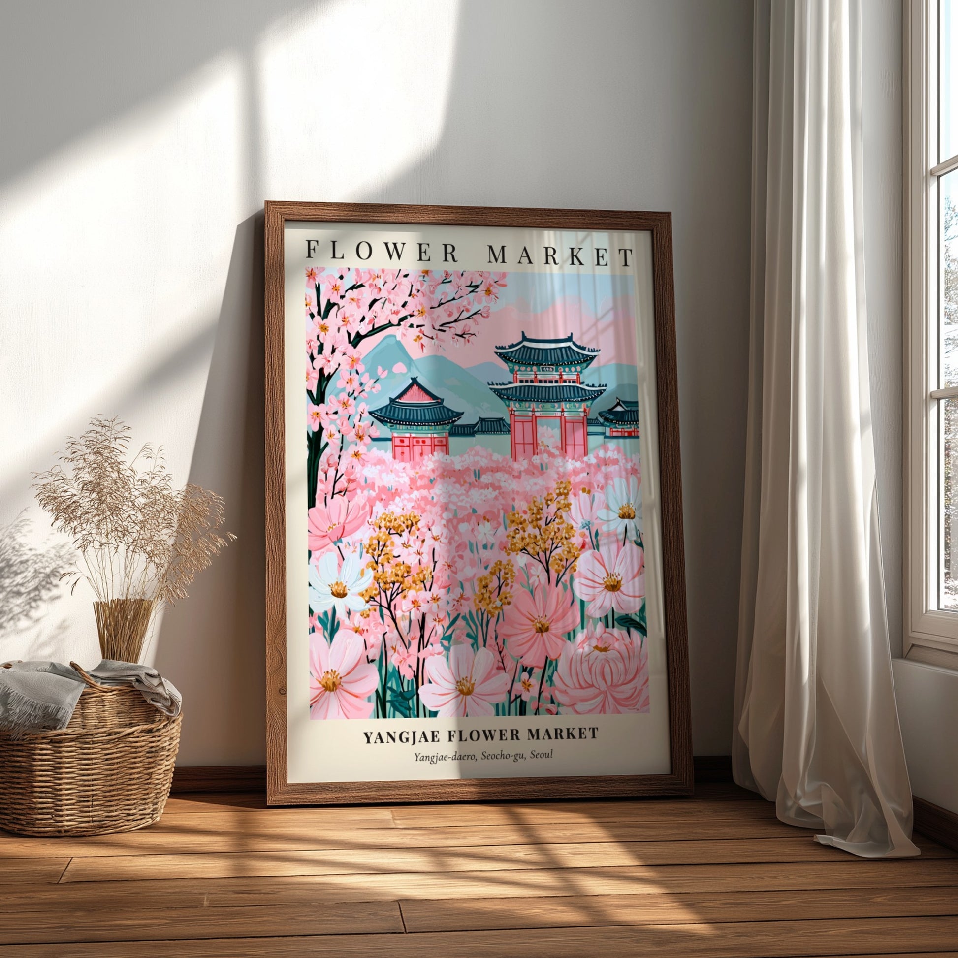 Yangjae Flower Market art print featuring pink blossoms and traditional architecture in a vibrant spring