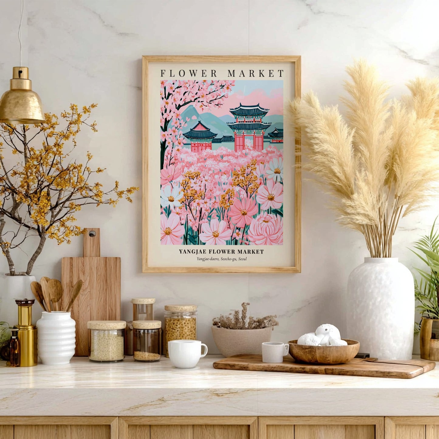 Yangjae Flower Market art print featuring pink blossoms and traditional architecture in a vibrant spring