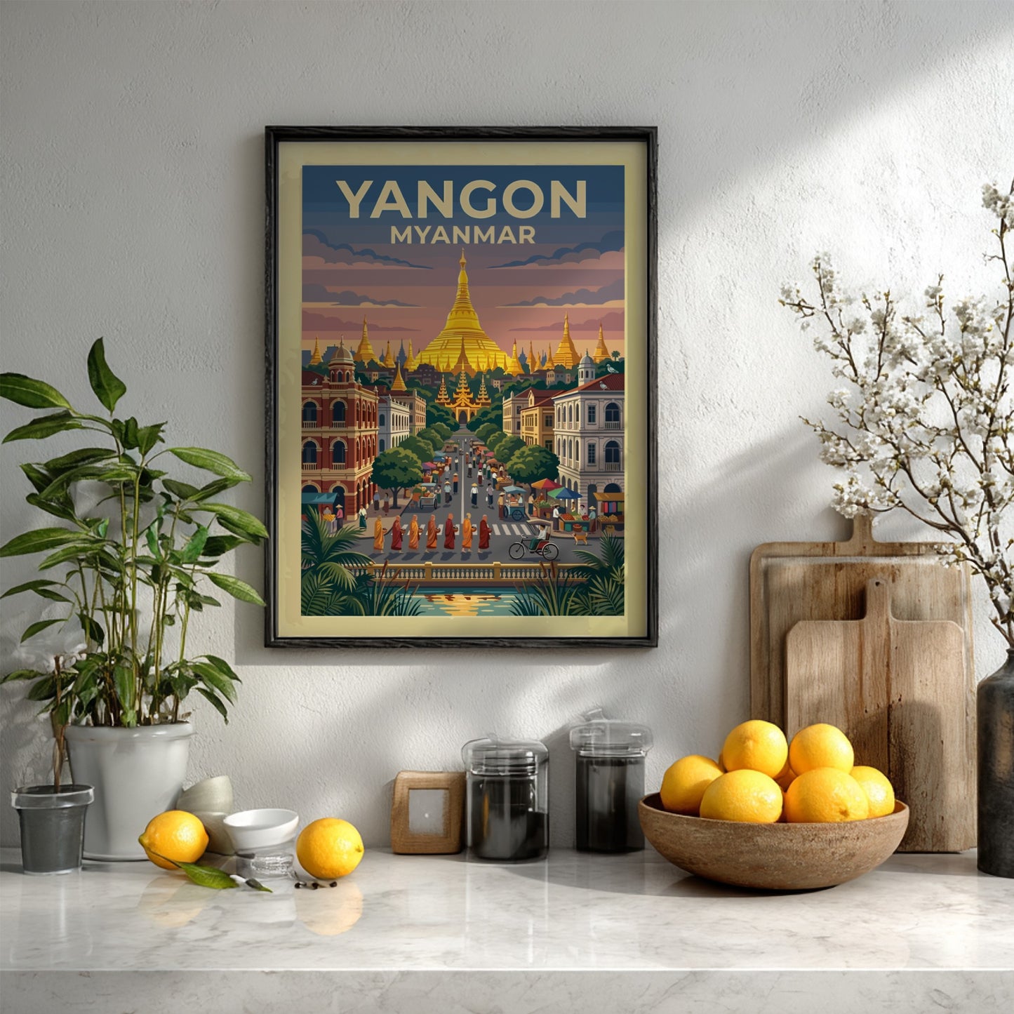 Yangon Myanmar travel poster showing a golden pagoda above a bustling city street scene.
