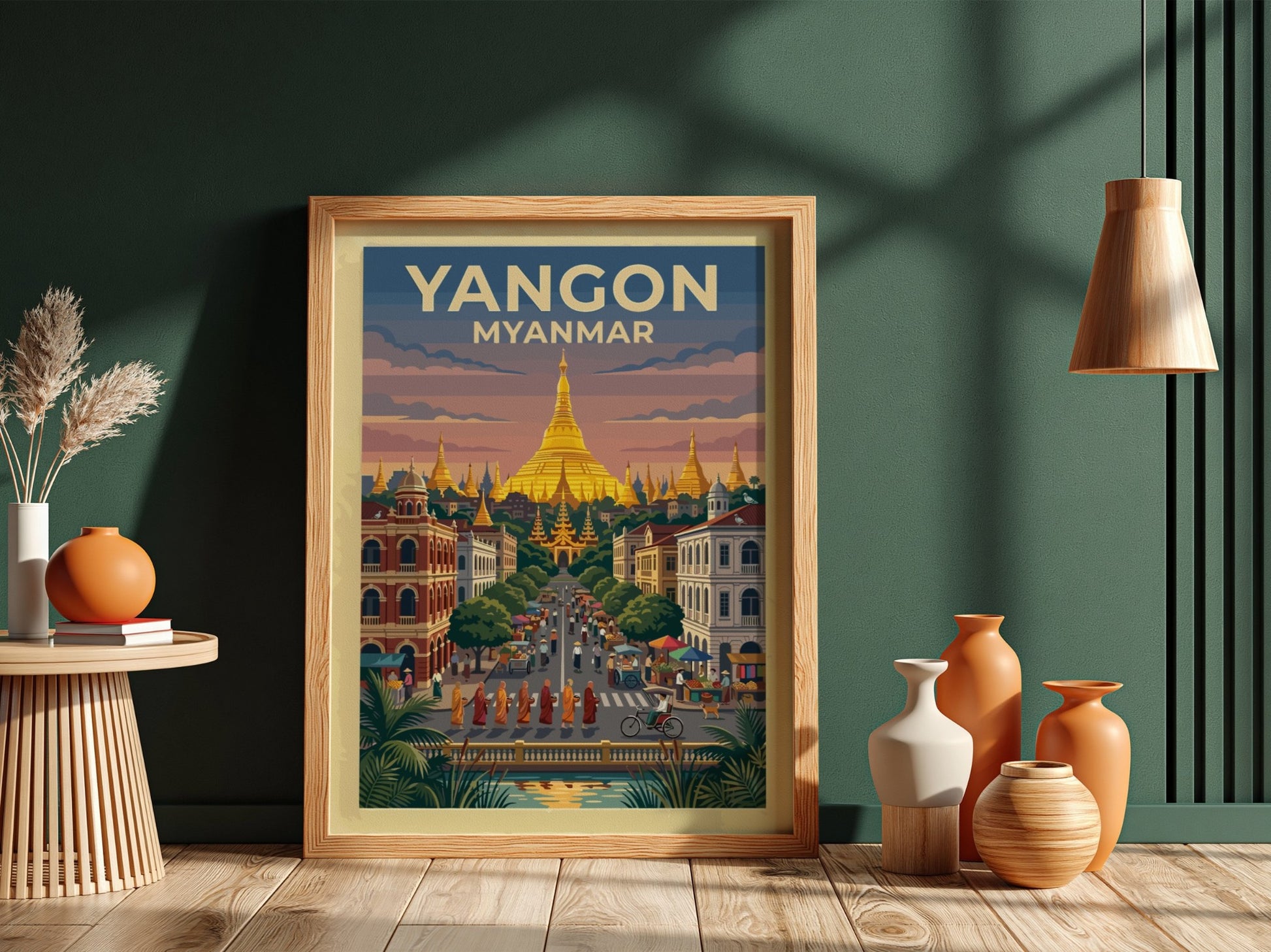 Yangon Myanmar travel poster showing a golden pagoda above a bustling city street scene.