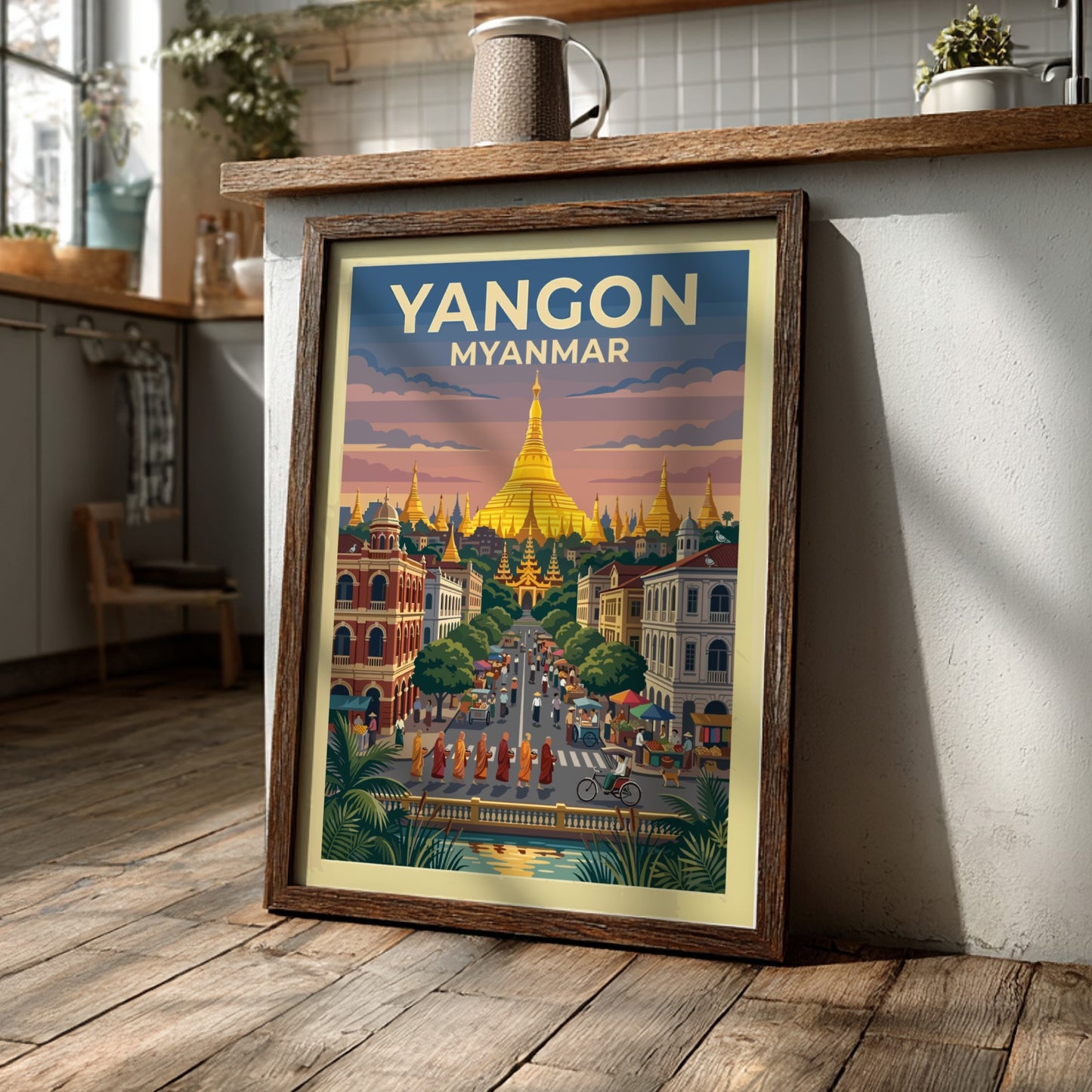 Yangon Myanmar travel poster showing a golden pagoda above a bustling city street scene.