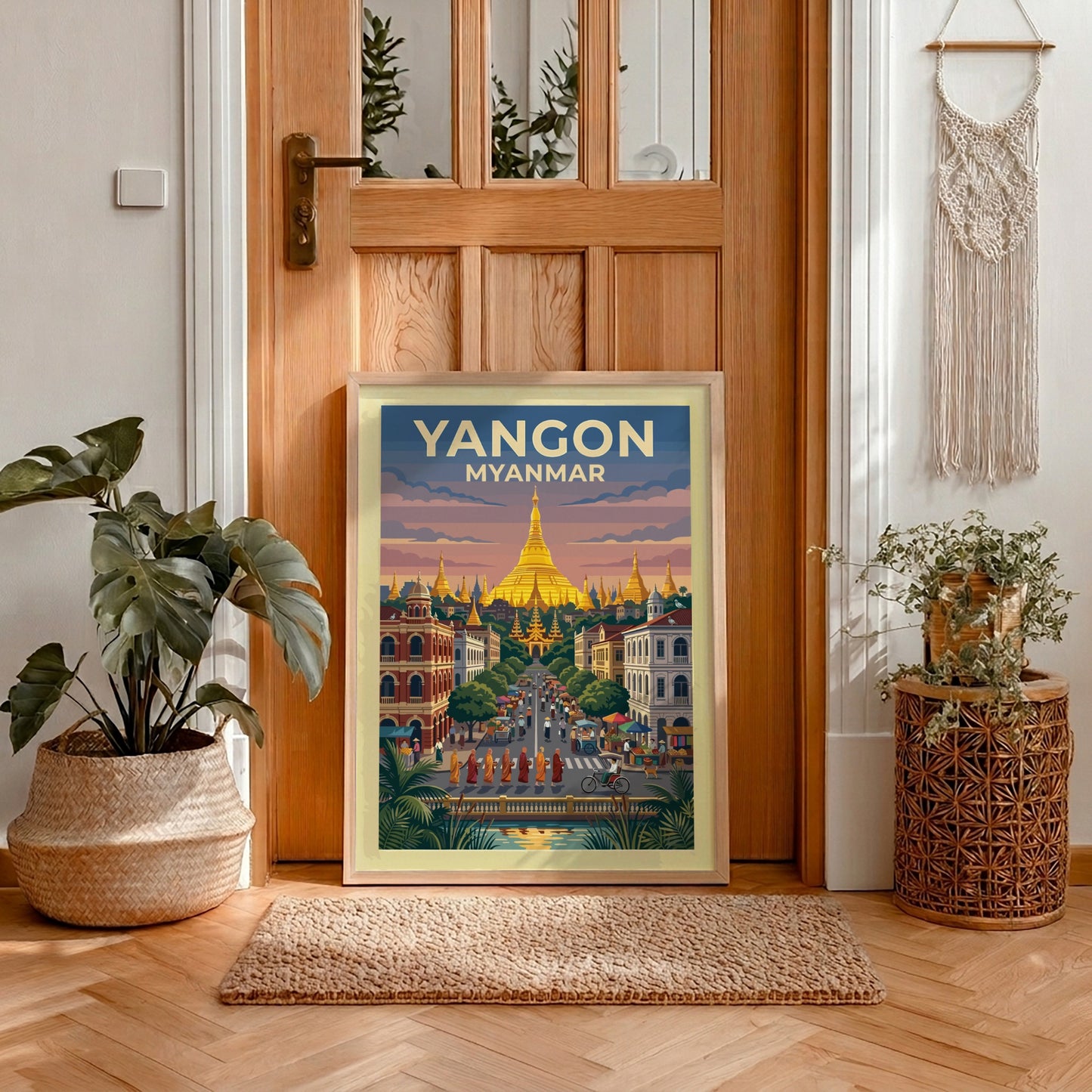 Yangon Myanmar travel poster showing a golden pagoda above a bustling city street scene.