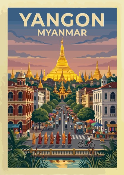 Yangon Myanmar travel poster showing a golden pagoda above a bustling city street scene.