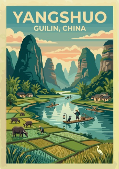Travel poster featuring Yangshuo landscape with mountains and water in vintage style