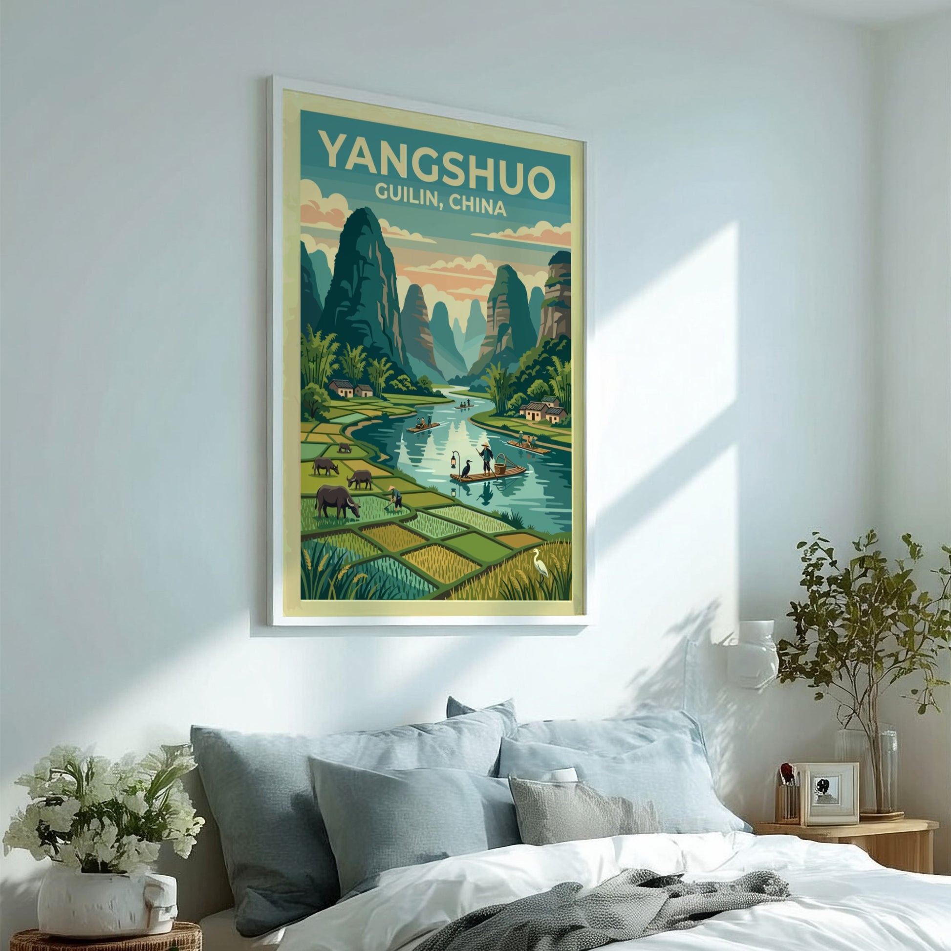 Travel poster featuring Yangshuo landscape with mountains and water in vintage style