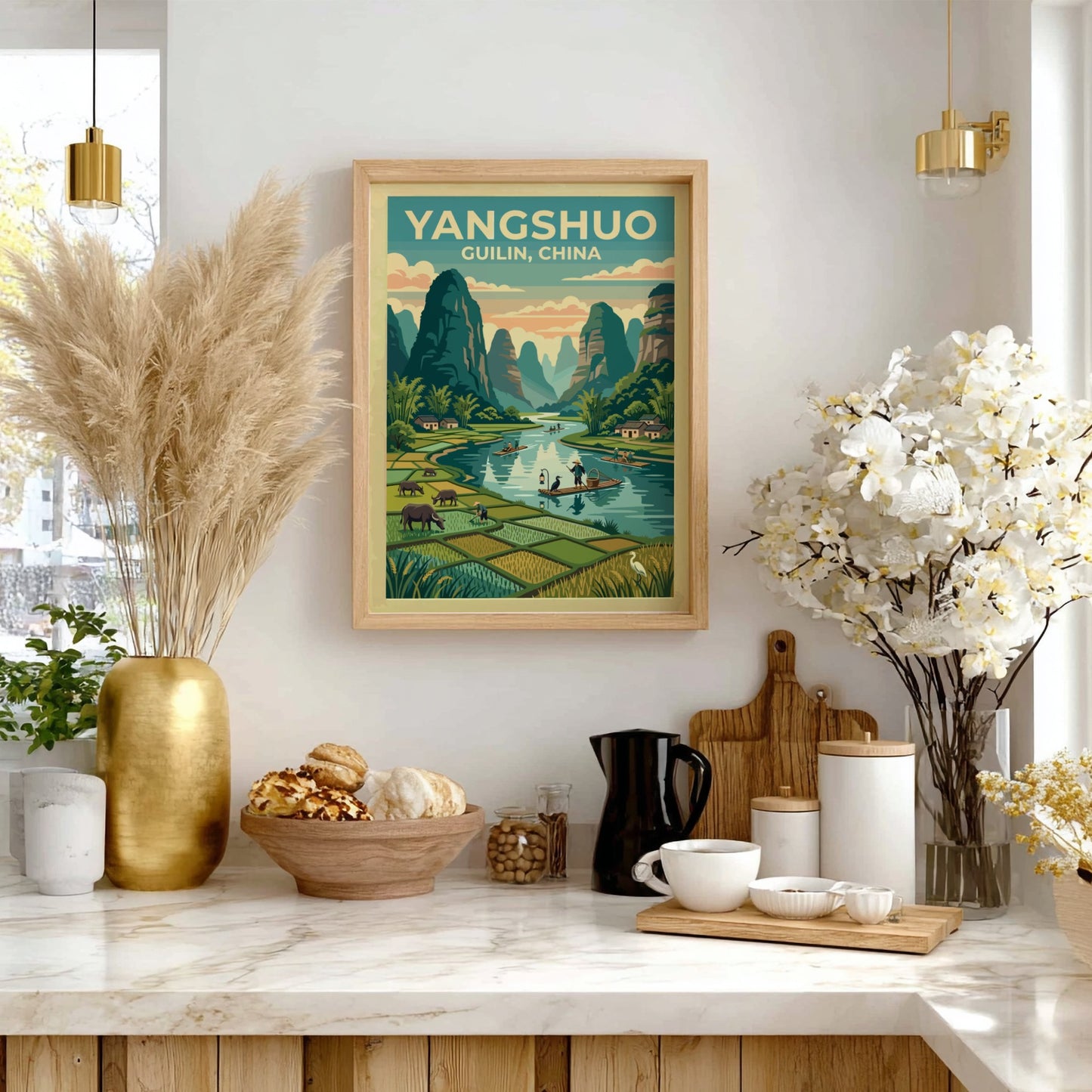 Travel poster featuring Yangshuo landscape with mountains and water in vintage style