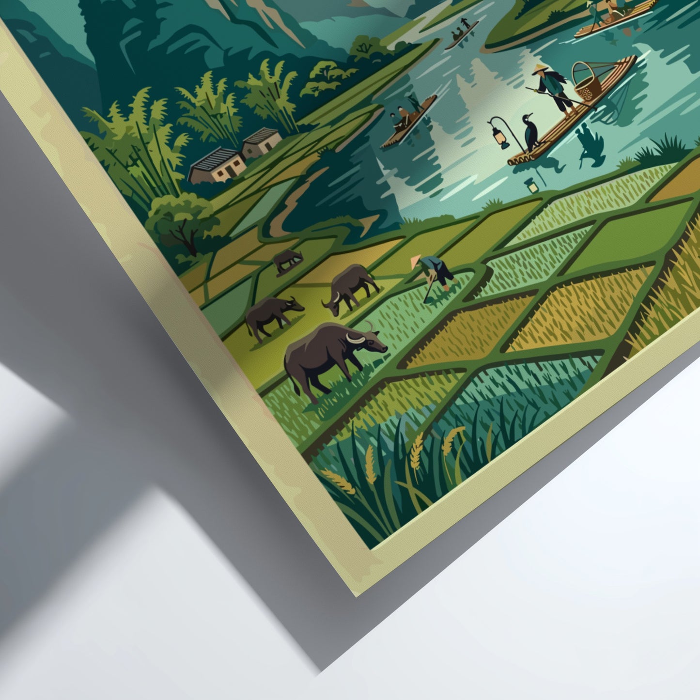 Travel poster featuring Yangshuo landscape with mountains and water in vintage style