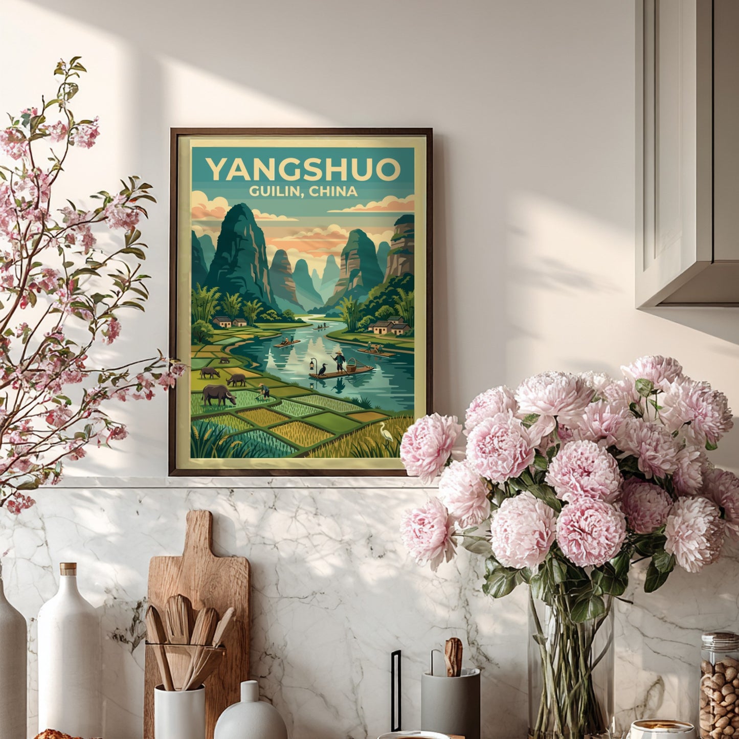 Travel poster featuring Yangshuo landscape with mountains and water in vintage style