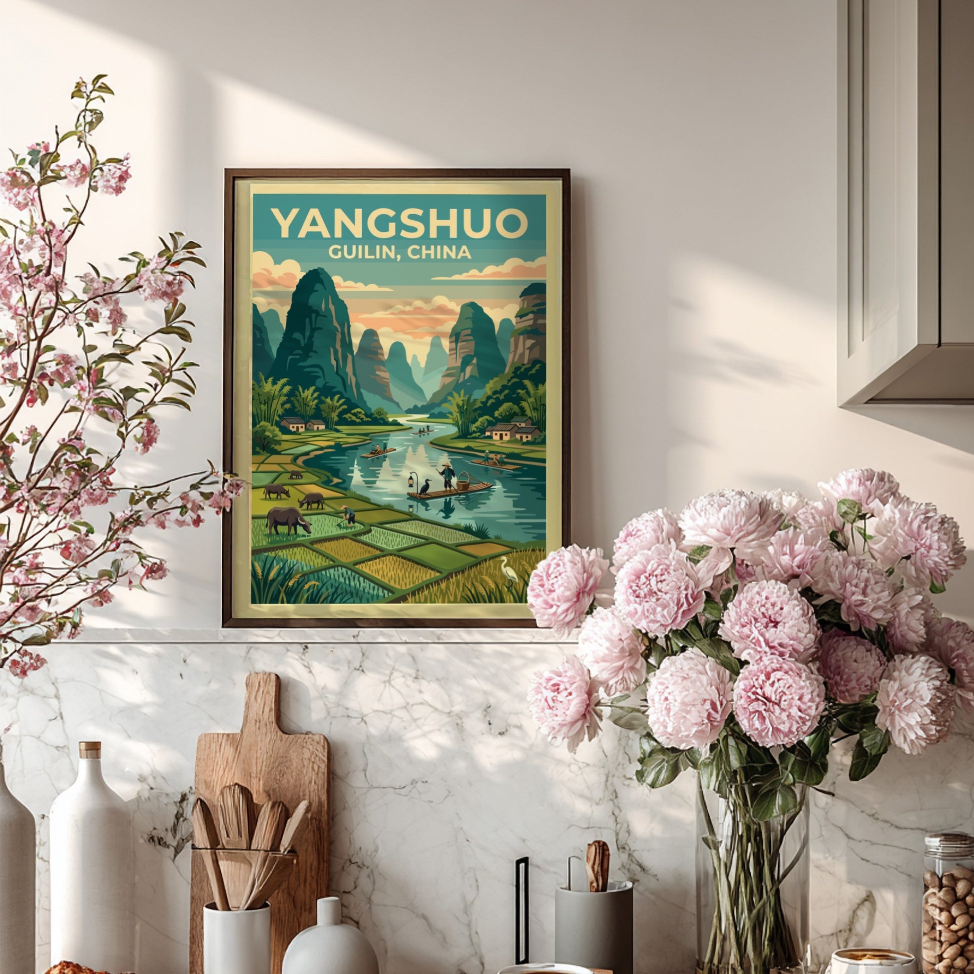 Travel poster featuring Yangshuo landscape with mountains and water in vintage style