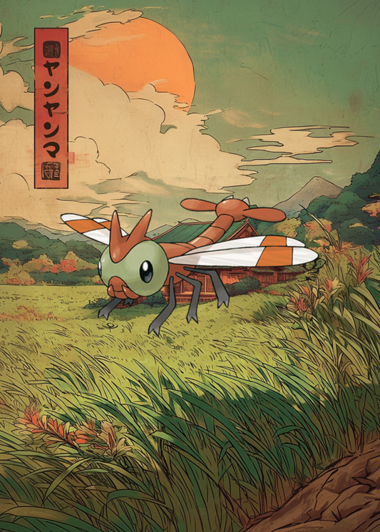 Yanma Pokemon Print in a grassy field with a sunset in the background