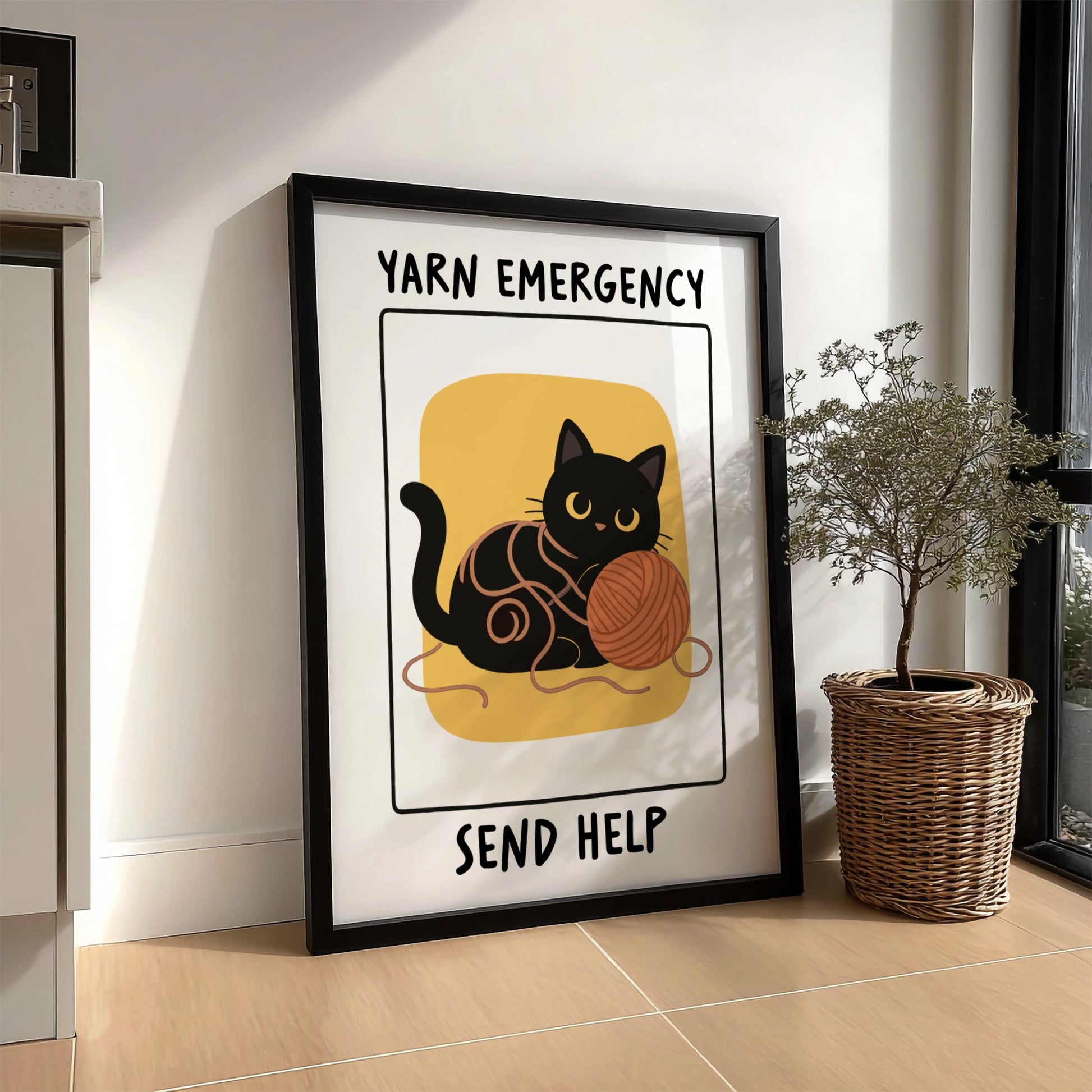 Yarn Emergency Poster - Funny Black Cat Wall Art Print