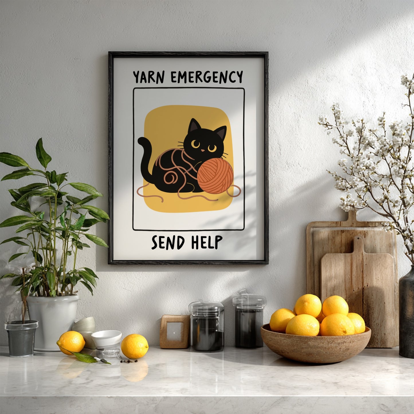 Yarn Emergency Poster - Funny Black Cat Wall Art Print