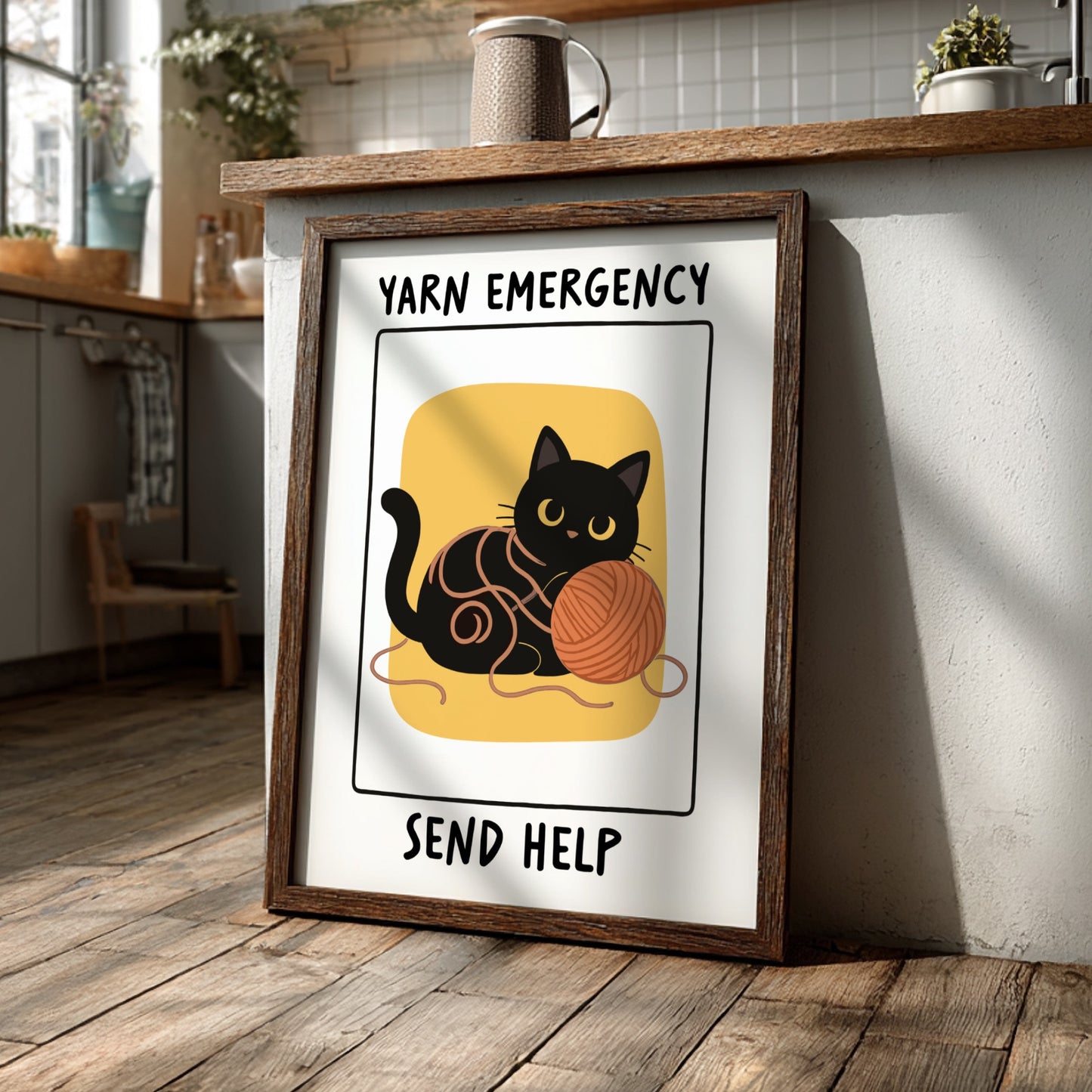 Yarn Emergency Poster - Funny Black Cat Wall Art Print