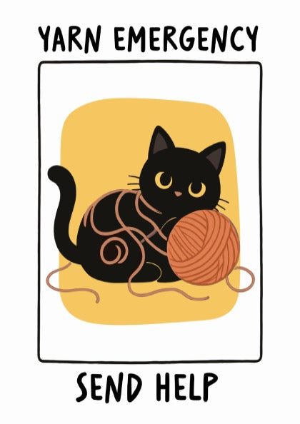Yarn Emergency Poster - Funny Black Cat Wall Art Print