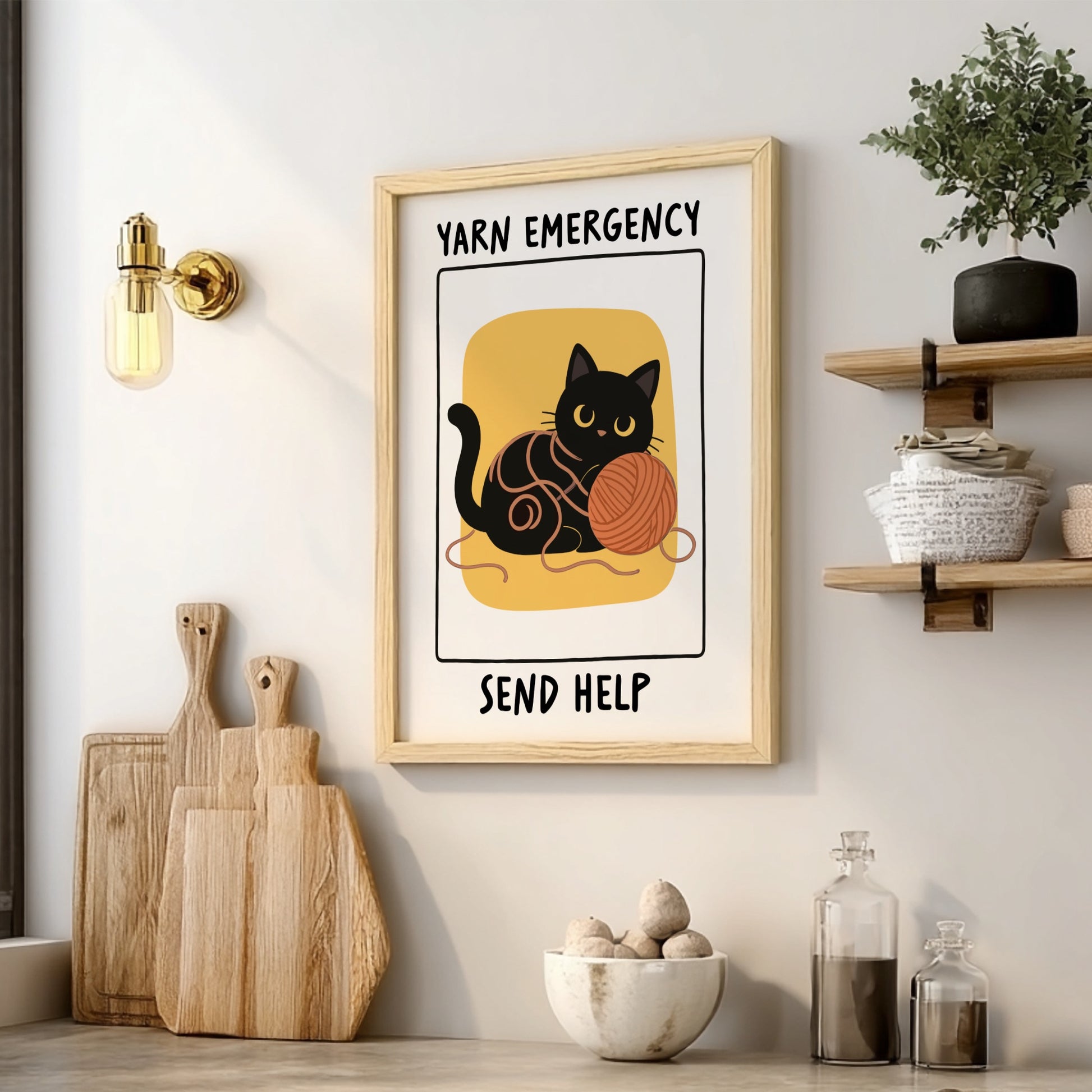 Yarn Emergency Poster - Funny Black Cat Wall Art Print