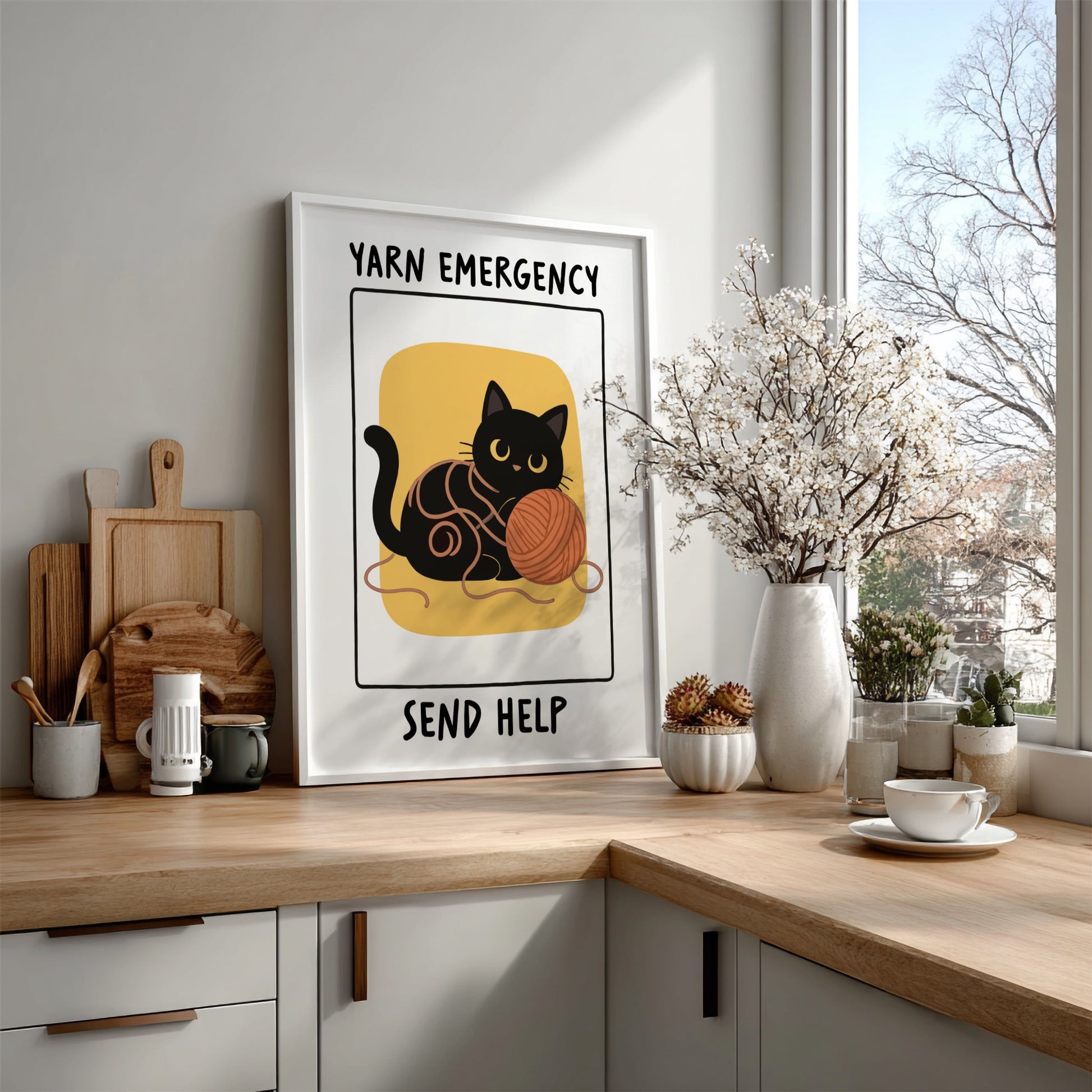 Yarn Emergency Poster - Funny Black Cat Wall Art Print