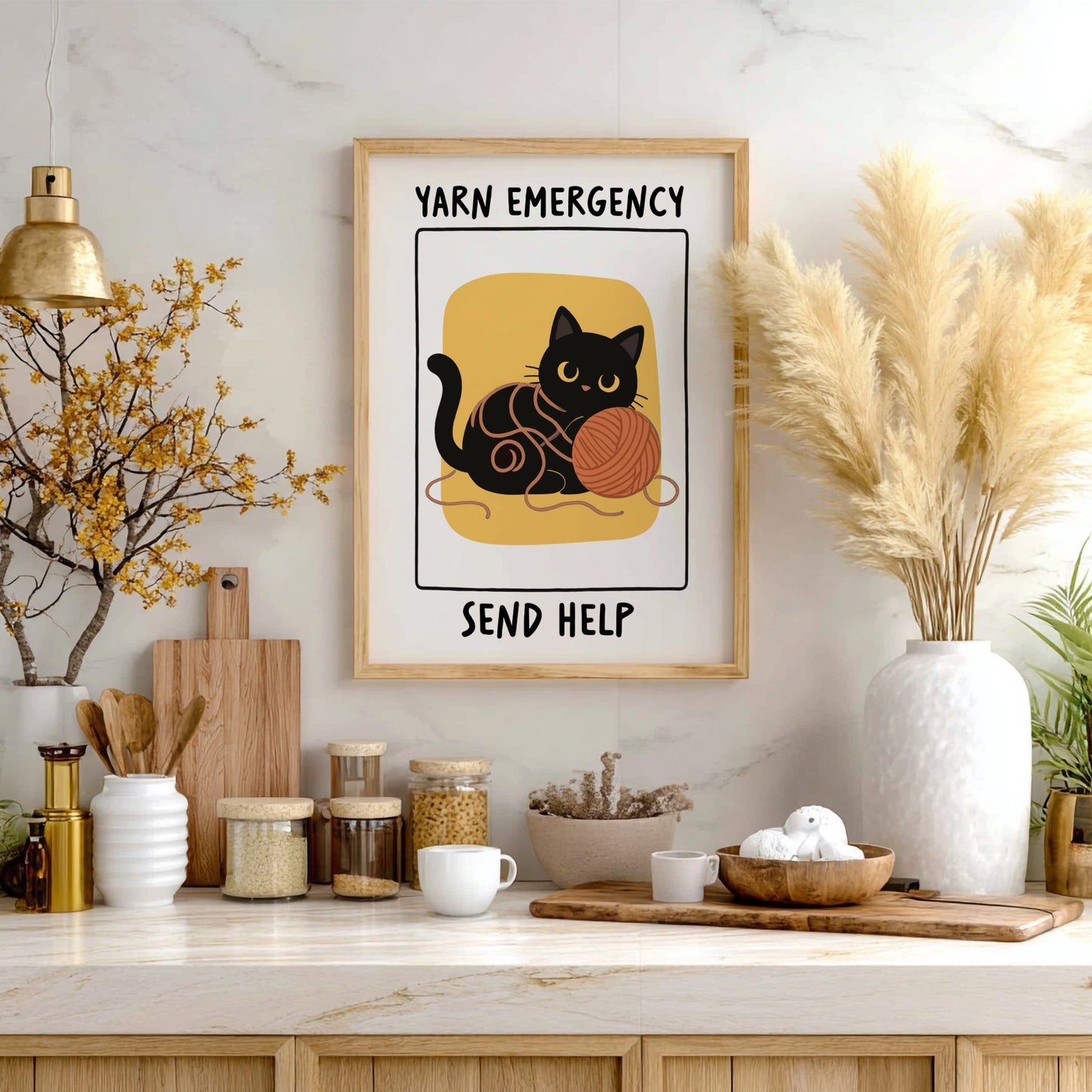 Yarn Emergency Poster - Funny Black Cat Wall Art Print