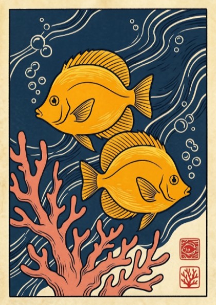 Japanese art style poster featuring yellow fish and coral in vibrant colors
