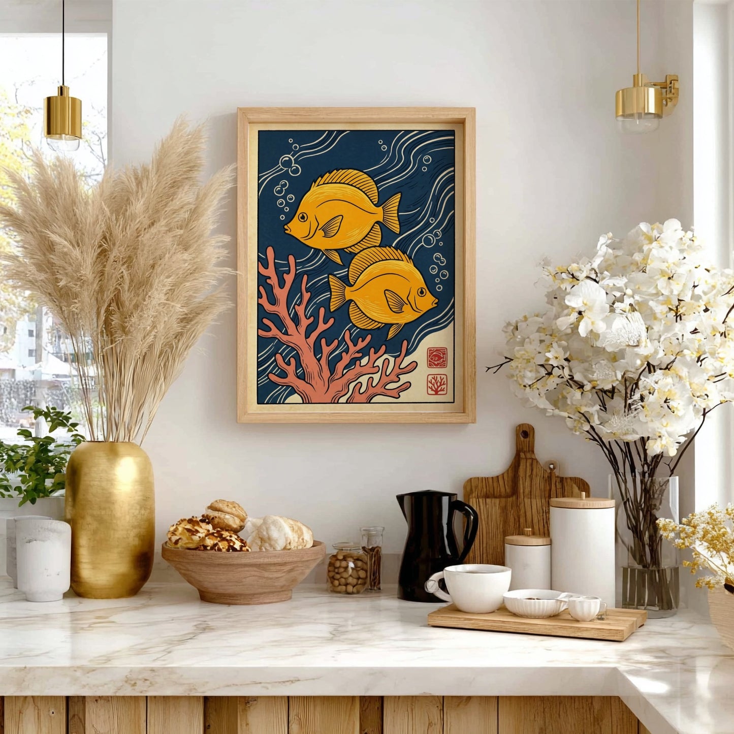 Japanese art style poster featuring yellow fish and coral in vibrant colors
