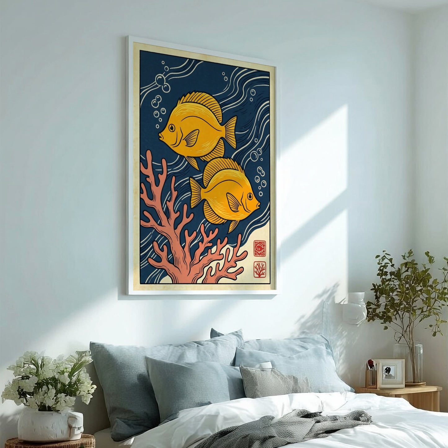 Japanese art style poster featuring yellow fish and coral in vibrant colors