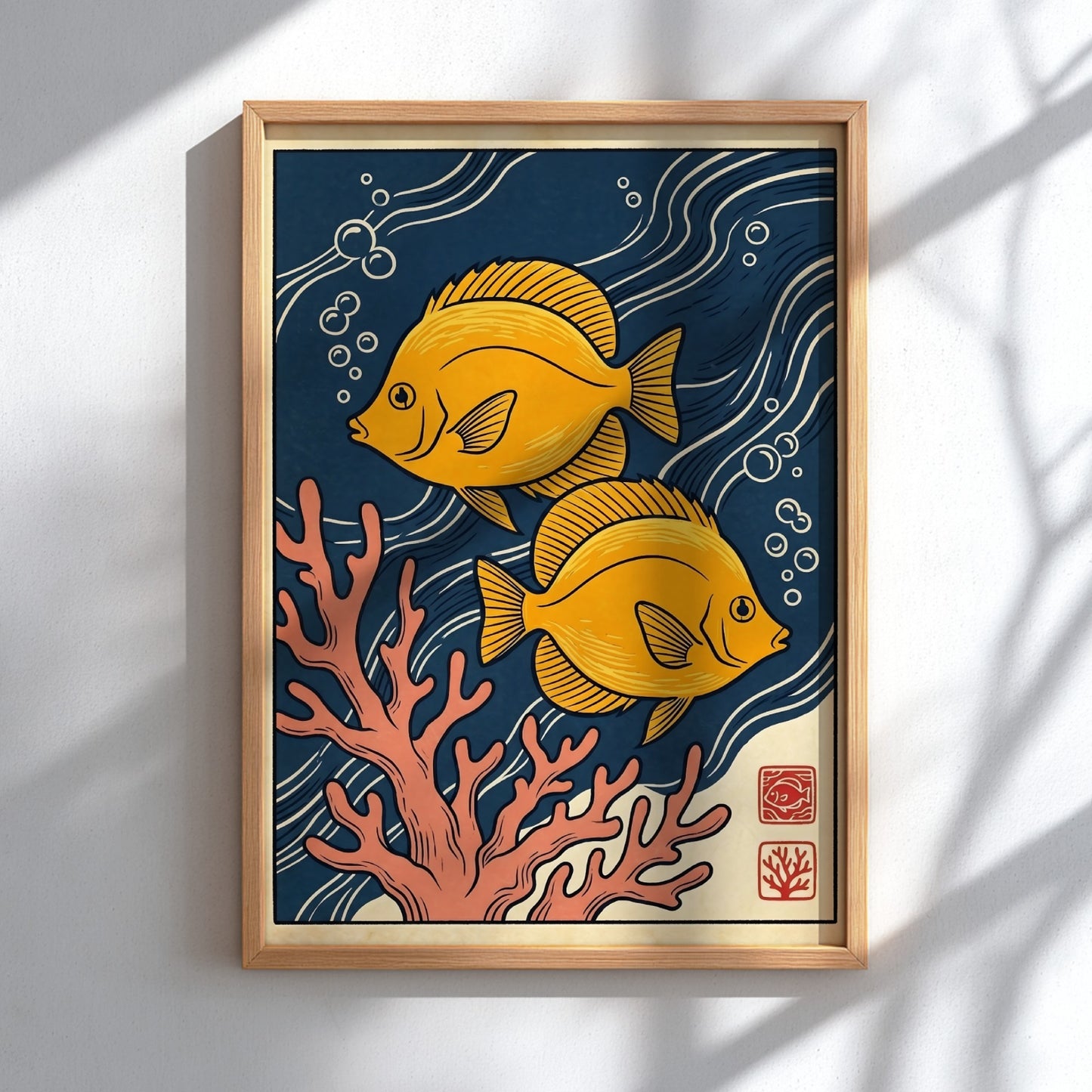Japanese art style poster featuring yellow fish and coral in vibrant colors